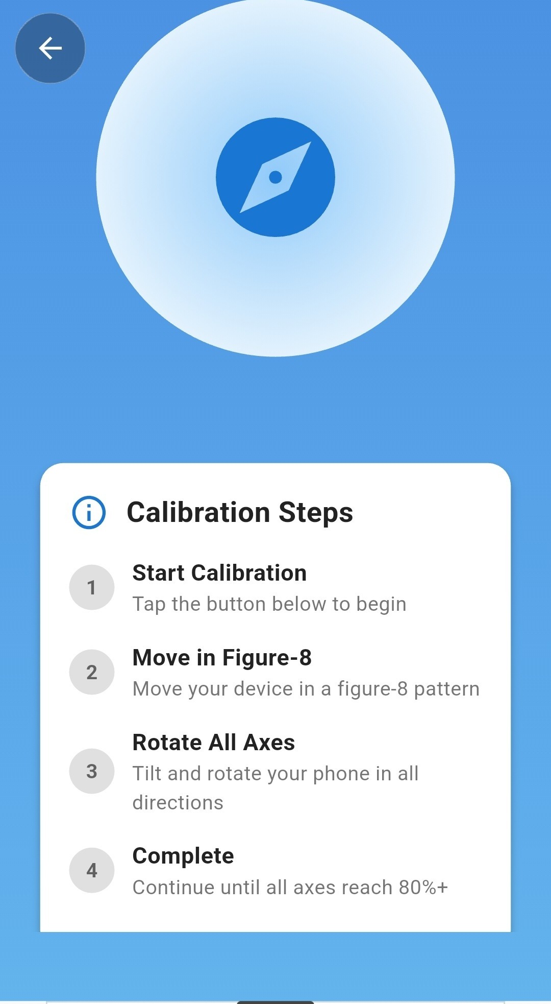 Compass Pro calibration steps screen: start calibration, move in figure-8, rotate all axes, complete