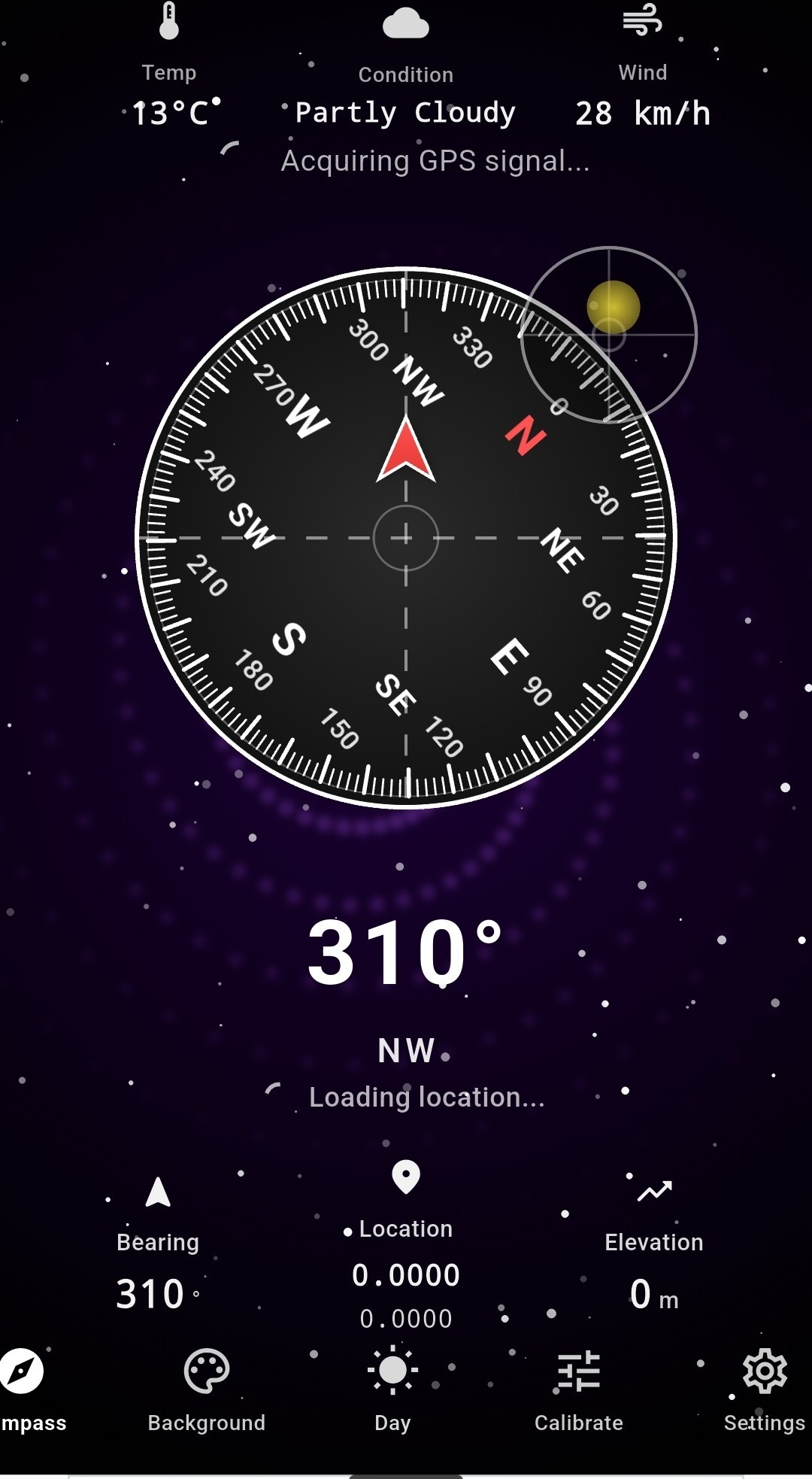 Aviator theme — white ring compass dial on dark violet sky