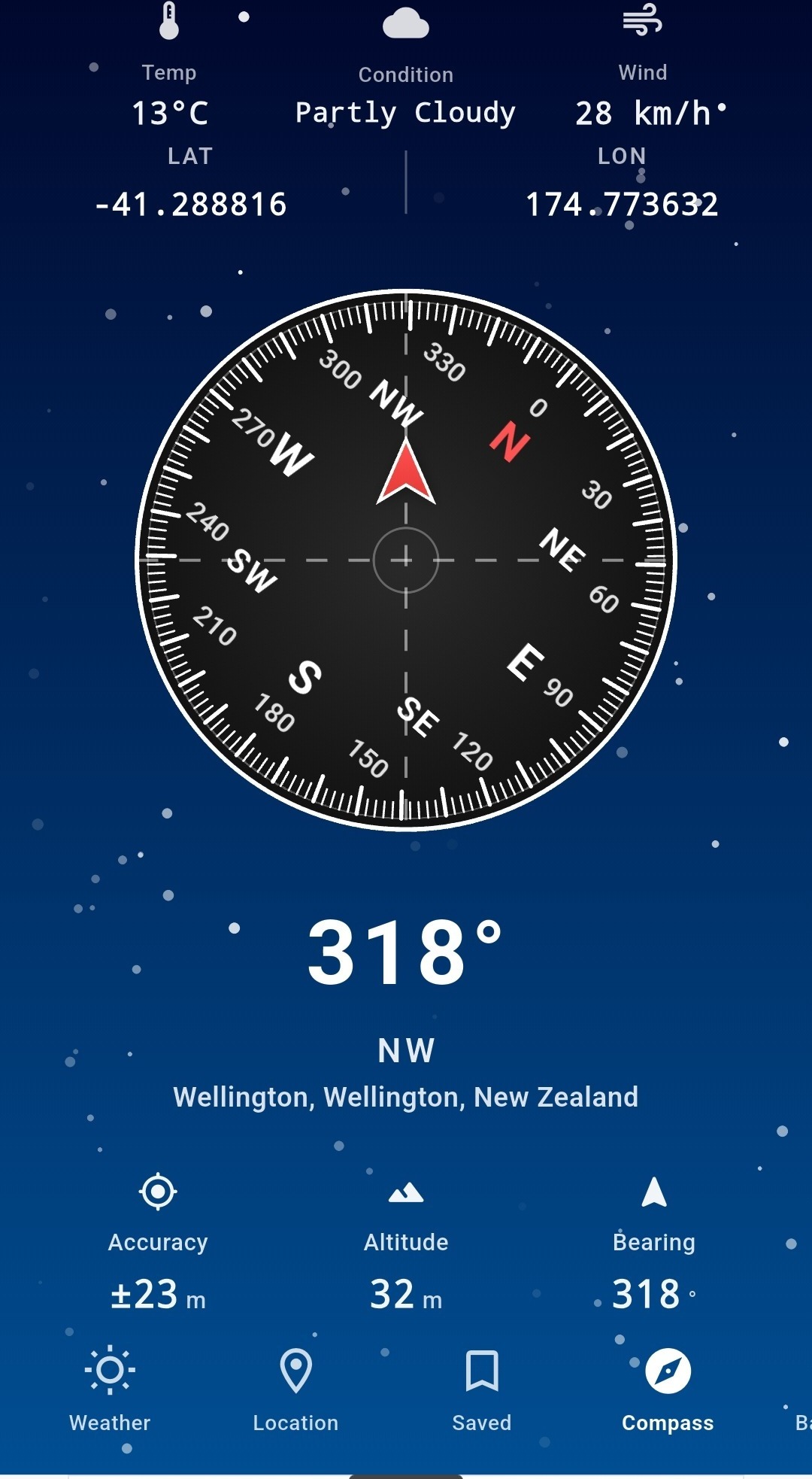 Midnight theme — deep blue starfield compass dial